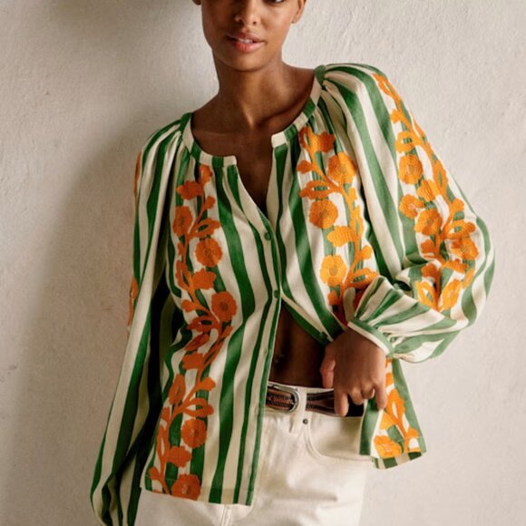 Sezane Tops - Sezane Anya Blouse  Green with Ochre Embroidery